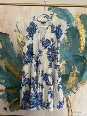 STATE White Dress with Blue Floral Accents